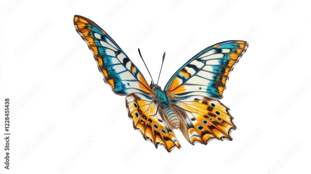 Colorful butterfly in flight, isolated, white background, graphic design element Colorful butterfly in flight, isolated, white background, graphic design element