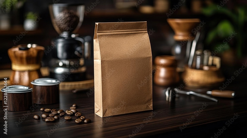 Brown Kraft Coffee Bag on Dark Wooden Table with Coffee Beans and Brewing Tools Brown Kraft Coffee Bag on Dark Wooden Table with Coffee Beans and Brewing Tools