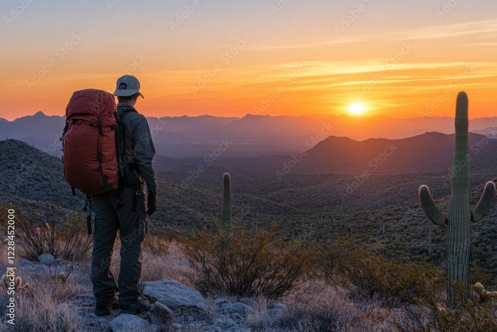 Fototapeta premium Hiker with backpack admiring sunrise over a desert landscape