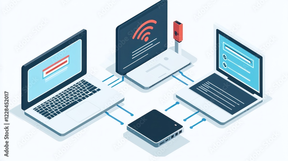Networked laptops, data transfer, office, wifi issues, cybersecurity illustration Networked laptops, data transfer, office, wifi issues, cybersecurity illustration