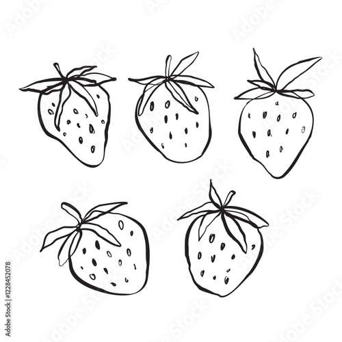 set of strawberry line art vector illustration hand drawn doodles with leaves 