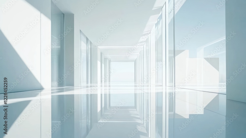 Fototapeta premium Modern white hallway, sunlight, glass walls, reflections, architecture, design, interior, bright, spacious, minimalist