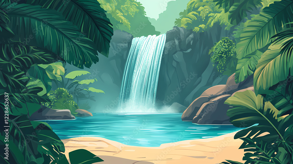 A serene waterfall cascading into a tranquil pool surrounded by lush greenery. Waterfall Haven. Illustration A serene waterfall cascading into a tranquil pool surrounded by lush greenery. Waterfall Haven. Illustration