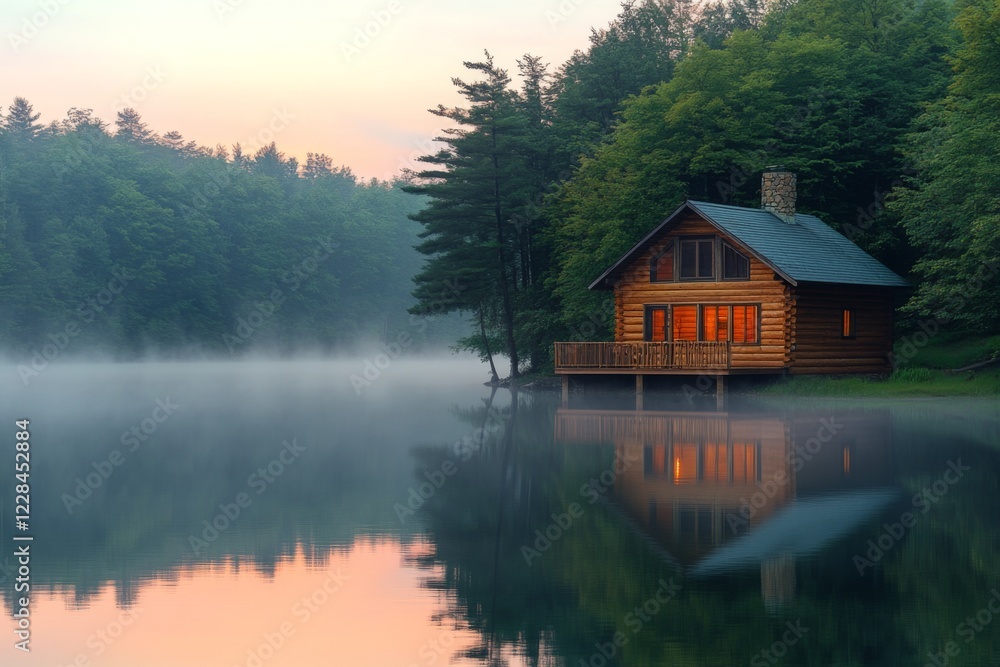 Obraz premium Cozy lakeside cabin surrounded by pine trees at sunrise