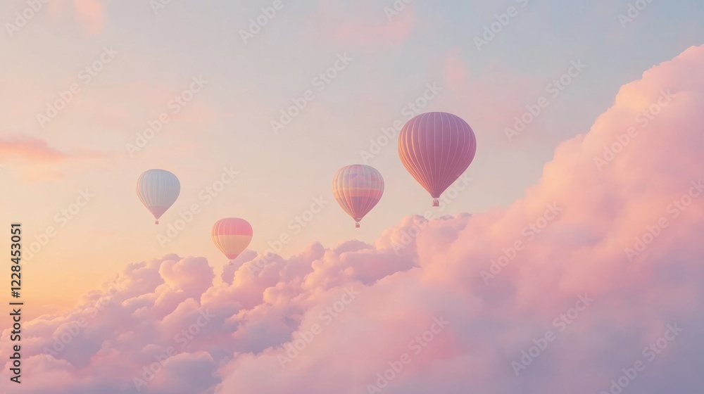 Fototapeta premium Pastel hot air balloons soar above pink clouds at sunset; travel, dreamscape