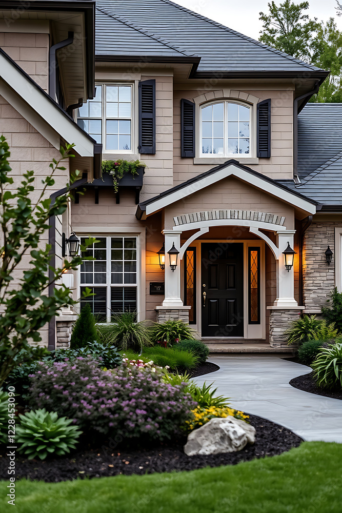 Luxury Home Exterior at Dusk: Elegant Architecture and Landscaping Luxury Home Exterior at Dusk: Elegant Architecture and Landscaping