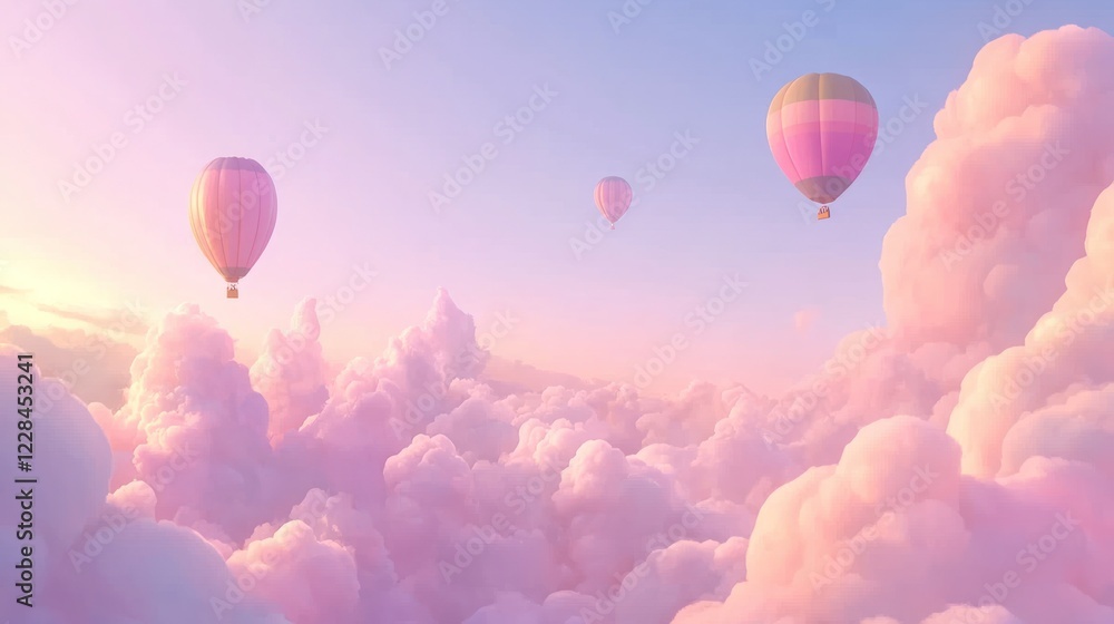 Fototapeta premium Pink sunrise, hot air balloons soar above fluffy cloudscape