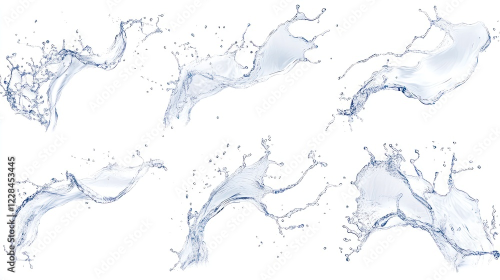 Water splash collection, studio shot, white background, design element Water splash collection, studio shot, white background, design element