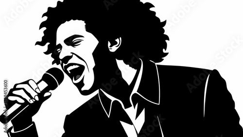 Passionate male singer performing with microphone, curly hair flowing. Expressive face showing intense emotion during performance. Concept of: music entertainment, vocal performance, concert venues.