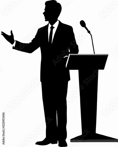 Professional man delivering speech at podium with microphone . Strong silhouette against clean backdrop shows confident posture. Concept of public speaking, corporate events, leadership