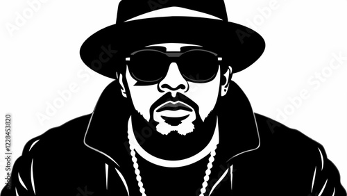 Hip-hop artist in fedora and sunglasses looking at camera. Bold black and white portrait with graphic style. Concept of music industry, urban culture, entertainment business