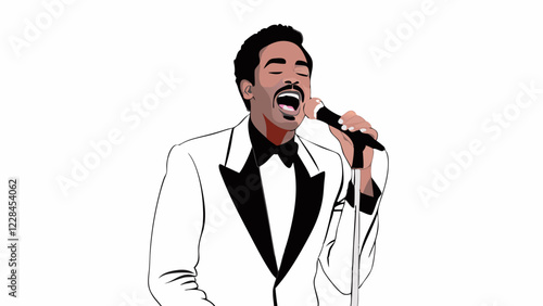 African American singer performing passionately in white tuxedo, emotionally engaged with microphone on stage. Concept of: music industry, entertainment, soul music