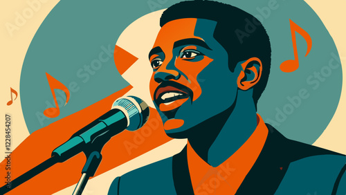 Black male vocalist singing into microphone, artistic teal and orange graphic style with floating musical notes. Concept of: music production, vocal performance, jazz club