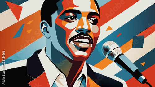 Black man passionately speaking into microphone against patriotic backdrop. Energetic portrait with red, white, and blue stripes. Concept of public speaking, political campaign, civil rights advocacy