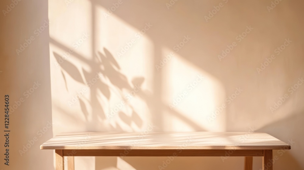 Sunlight illuminates wooden table, plant shadow on wall, interior backdrop Sunlight illuminates wooden table, plant shadow on wall, interior backdrop