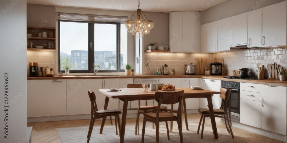 Cozy breakfast nook in an apartment hotel kitchen, breakfast table, stools, inviting atmosphere Cozy breakfast nook in an apartment hotel kitchen, breakfast table, stools, inviting atmosphere