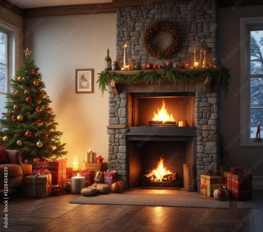 Cozy fireplace with festive holiday decorations, cozy, mantel, inviting Cozy fireplace with festive holiday decorations, cozy, mantel, inviting