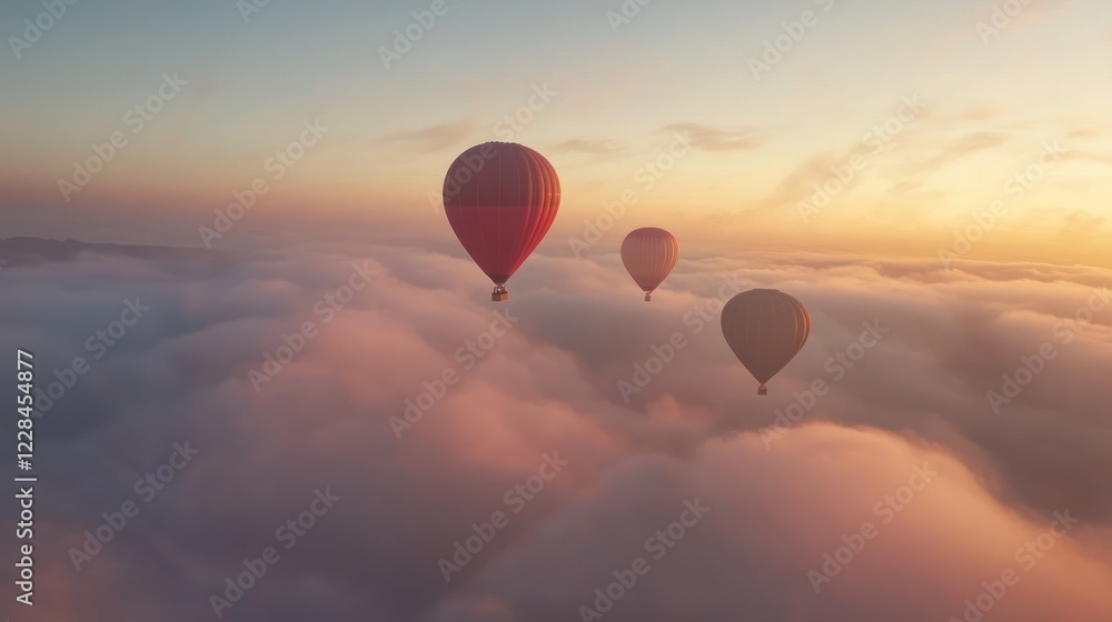 Hot air balloons soaring above misty mountains at sunrise; travel poster Hot air balloons soaring above misty mountains at sunrise; travel poster