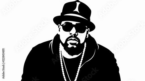 Busta Rhymes portrait wearing signature sunglasses and hat, striking vector art style. Direct gaze creates powerful presence. Concept of: music production, urban fashion, entertainment media