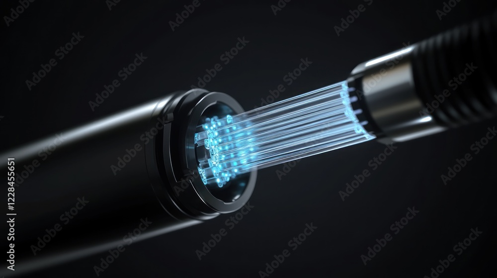 Fiber optic cable transmitting data; dark background; technology concept Fiber optic cable transmitting data; dark background; technology concept