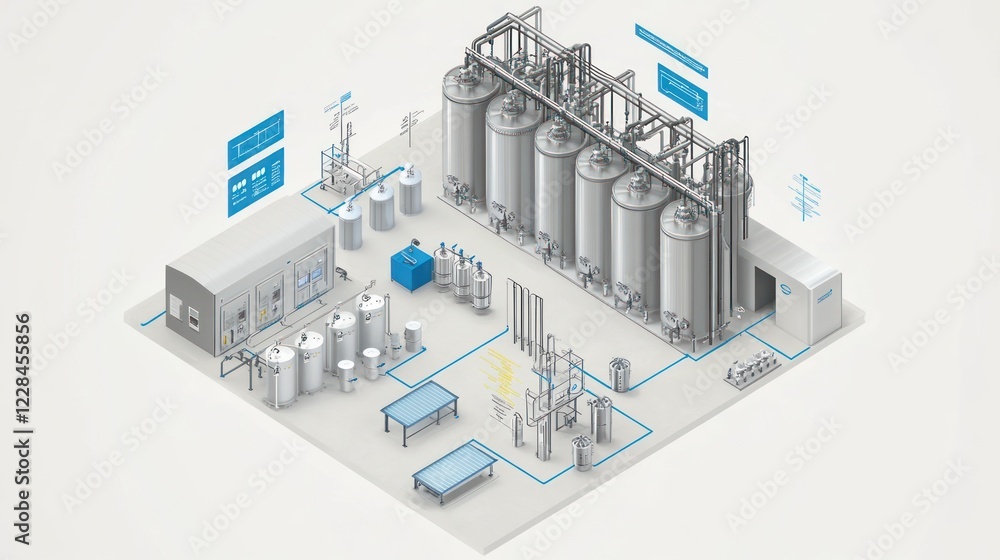 Automated food processing plant, isometric view, digital control, efficient production Automated food processing plant, isometric view, digital control, efficient production