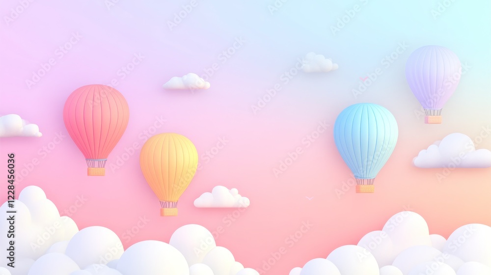 Pastel hot air balloons float amidst clouds, dreamy sky, whimsical design, ideal for children's book Pastel hot air balloons float amidst clouds, dreamy sky, whimsical design, ideal for children's book
