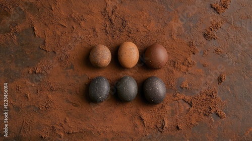 Earth-toned pebbles arranged in a minimalist composition on a sandy surface, leaving plenty of space around them. photo