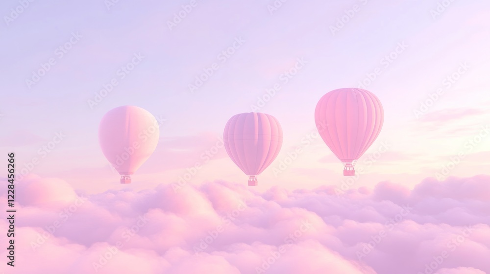 Obraz premium Pink hot air balloons soar above dreamy clouds at sunrise; travel poster