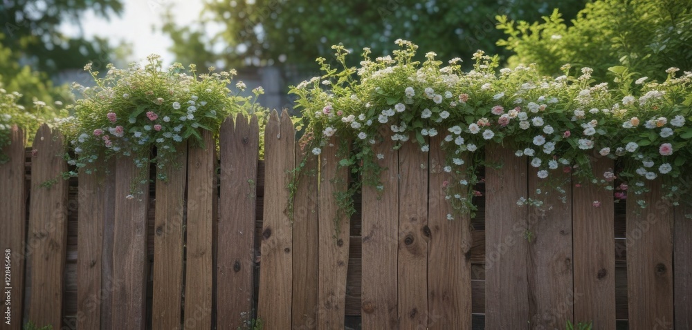 Gentle greenery and vines with tiny blooms on wooden fence, garden, abstract Gentle greenery and vines with tiny blooms on wooden fence, garden, abstract