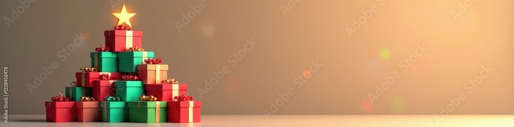 Obraz premium A colorful triangular shape made from stacked boxes forms the top of a Christmas tree, , gift packing