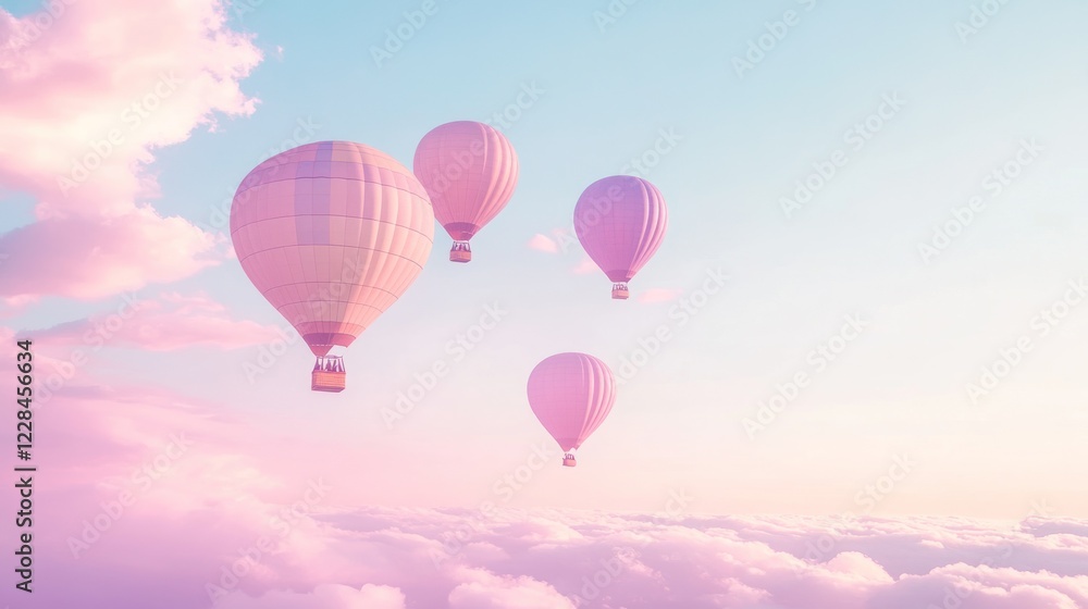 Fototapeta premium Pastel hot air balloons soar above dreamy cloudscape at sunrise; travel, tourism poster