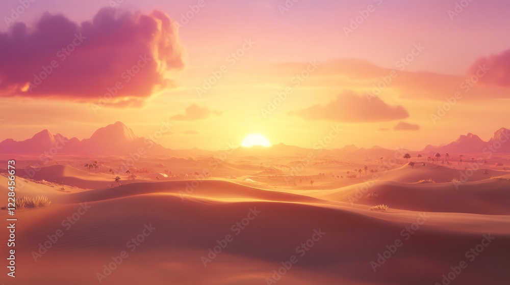 Desert sunset landscape, dunes, oasis, mountains, vibrant sky, game background, advertising Desert sunset landscape, dunes, oasis, mountains, vibrant sky, game background, advertising