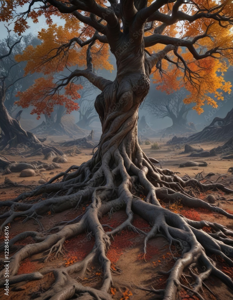 Naklejka premium Dark, twisted roots and branches stretching from the ground, brushed texture, dark forest, eerie landscape