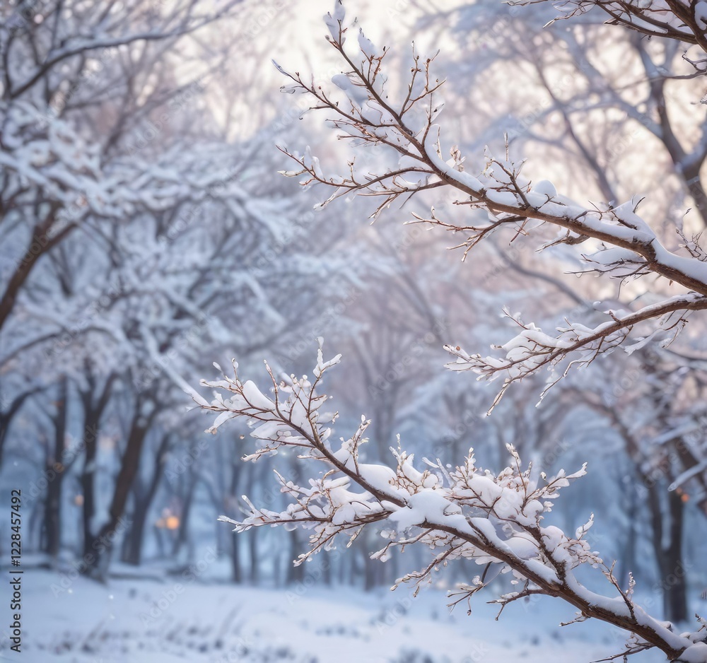 Delicate snow-covered tree limbs against a blurred winter background, coniferous, blanched Delicate snow-covered tree limbs against a blurred winter background, coniferous, blanched