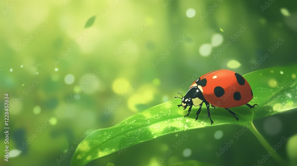 Fototapeta premium Ladybug on a leaf in a vibrant green setting.