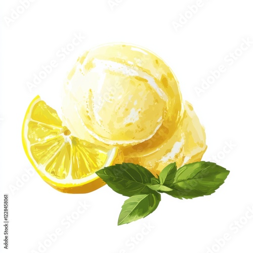 A zesty lemon sorbet with mint leaves, isolated white background, impressionistic art style