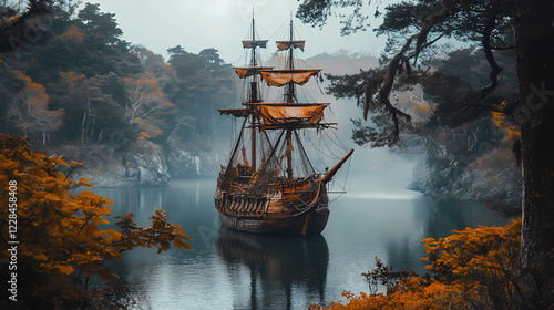 Haunted galleon anchored in a forgotten cove, where echoes of old battles and whispered legends linger among the rusted cannons, hyperrealistic photo. Whispering Harbor. Illustration