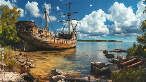 Haunted galleon anchored in a forgotten cove, where echoes of old battles and whispered legends linger among the rusted cannons, hyperrealistic photo. Whispering Harbor. Illustration
