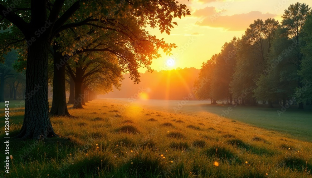 Fototapeta premium Forest landscape bathed in warm golden light at dawn, dawn, farm, landscapes