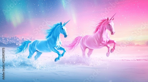 Two unicorns playing under a glowing aurora borealis in a snowy landscape, the blue one leaping gracefully, the pink one galloping with joy photo