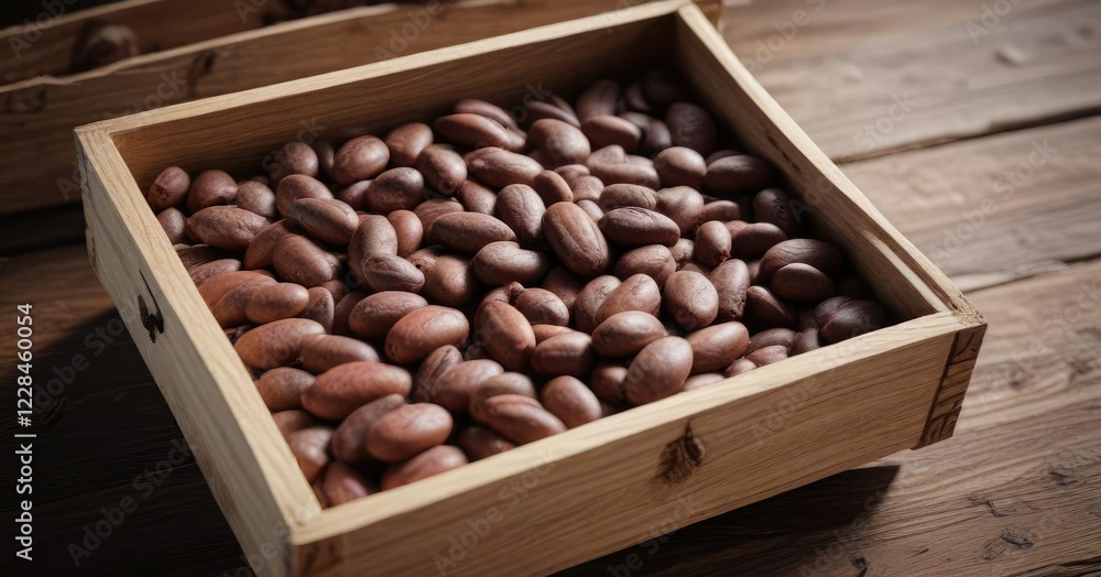 Fermented cocoa beans in wooden box with lid open, traditional chocolate processing, flavor Fermented cocoa beans in wooden box with lid open, traditional chocolate processing, flavor
