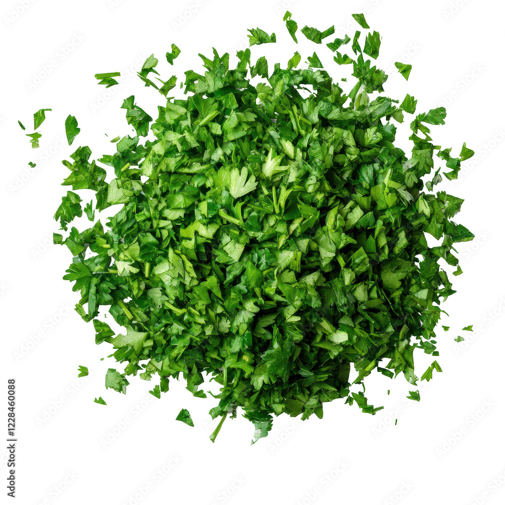 Obraz premium Chopped Parsley Leaves in a Small Pile Isolated on Transparent or blank Background, PNG