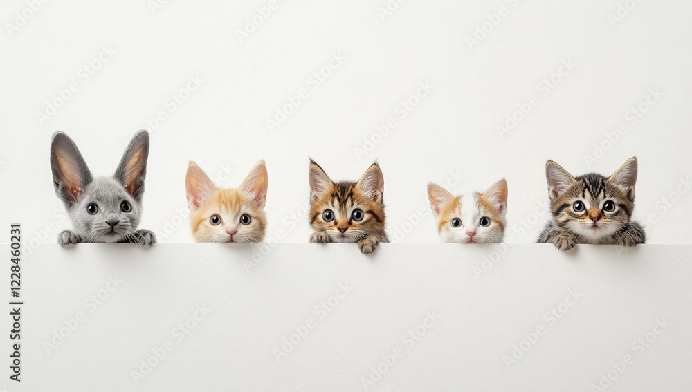 Adorable Kittens Peek Over White Surface, Displaying Playful Curiosity and Charming Expressions. Adorable Kittens Peek Over White Surface, Displaying Playful Curiosity and Charming Expressions.