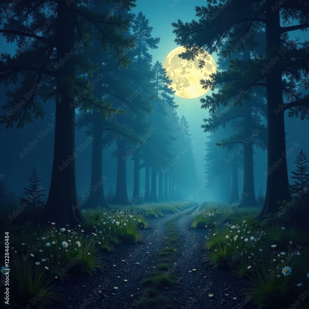Obraz premium Hazy moonlight illuminates a quiet forest path, forest, moon, misty