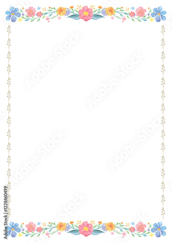 水彩の優しいタッチの花で上下を飾った背景-縦型