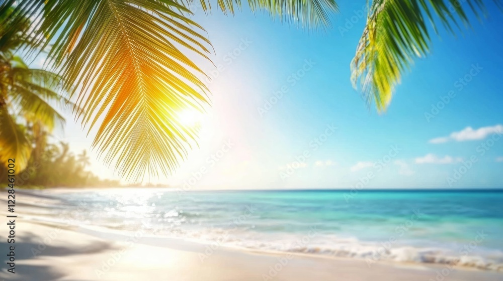 Obraz premium Tropical beach paradise: Palm leaves frame a vibrant ocean scene.