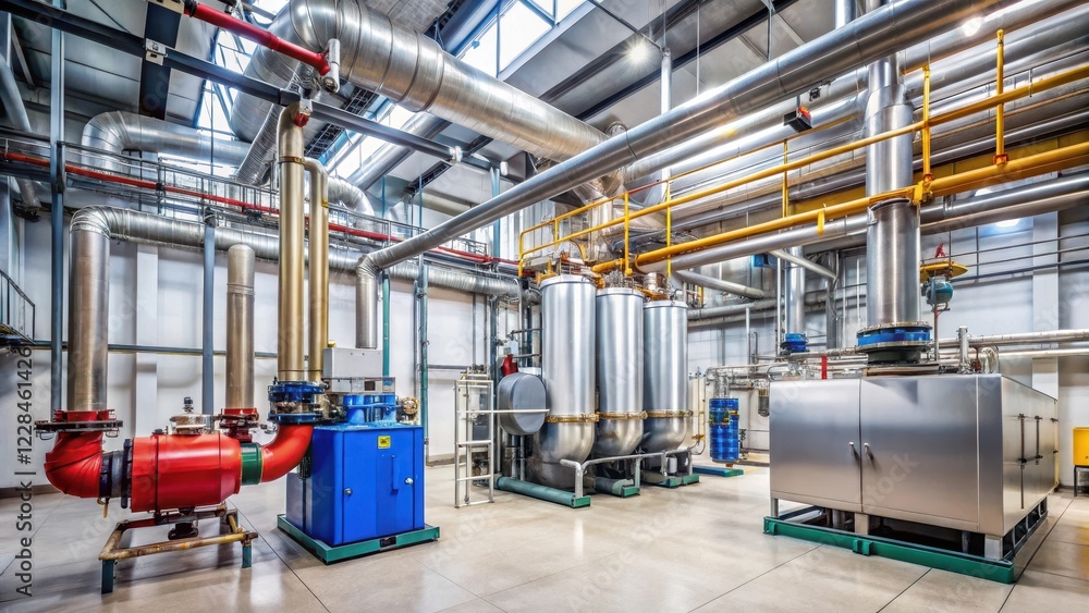 High ceiling modern industrial gas boiler room with heating gas boilers and large pipes, boiler rooms, large pipes High ceiling modern industrial gas boiler room with heating gas boilers and large pipes, boiler rooms, large pipes