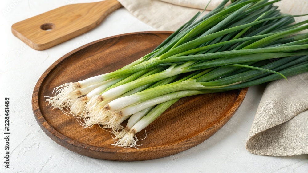Fresh spring onions arranged on a wooden platter, vegetable gardening, fresh herbs, platter arrangement, natural setting, spring onions Fresh spring onions arranged on a wooden platter, vegetable gardening, fresh herbs, platter arrangement, natural setting, spring onions