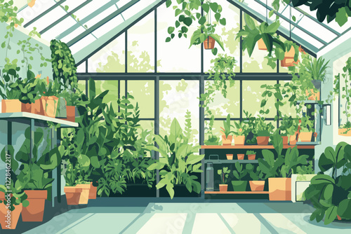 vector greenhouse with plants and flowers