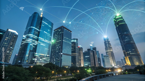 Wallpaper Mural Smart cityscape with interconnected buildings and digital networks at night Torontodigital.ca